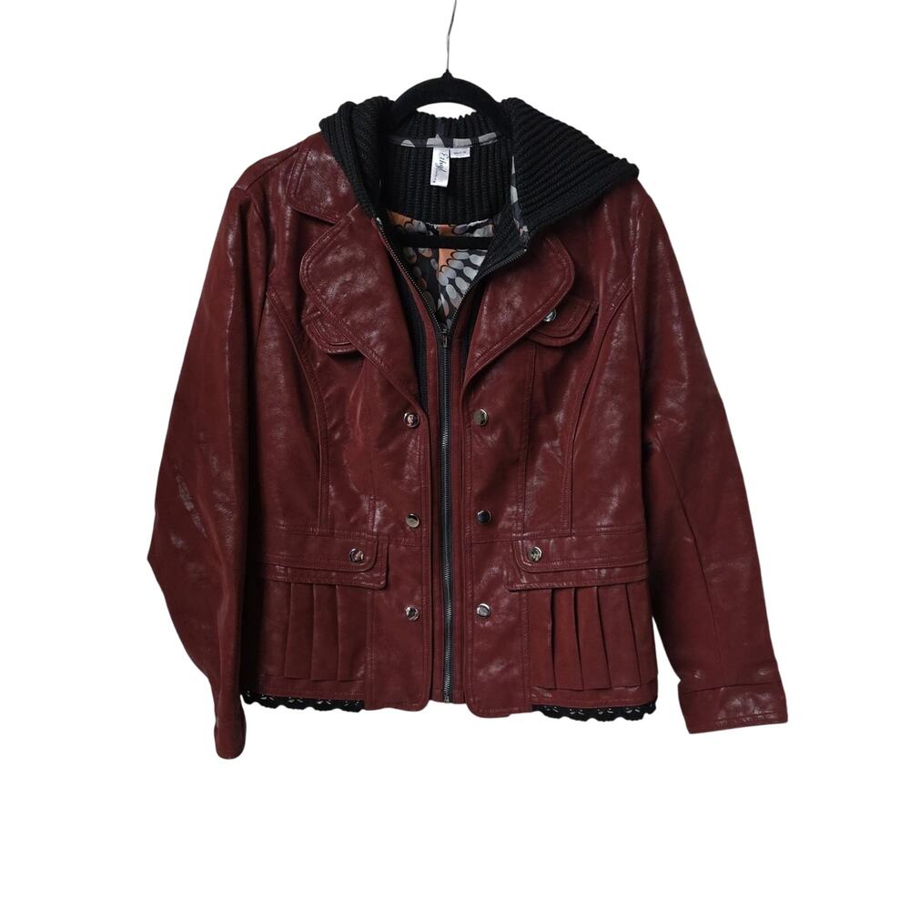 Ethyl Clothing Oxblood Faux Leather Whimsigoth Vibe Jacket Knit Hood Womens L
